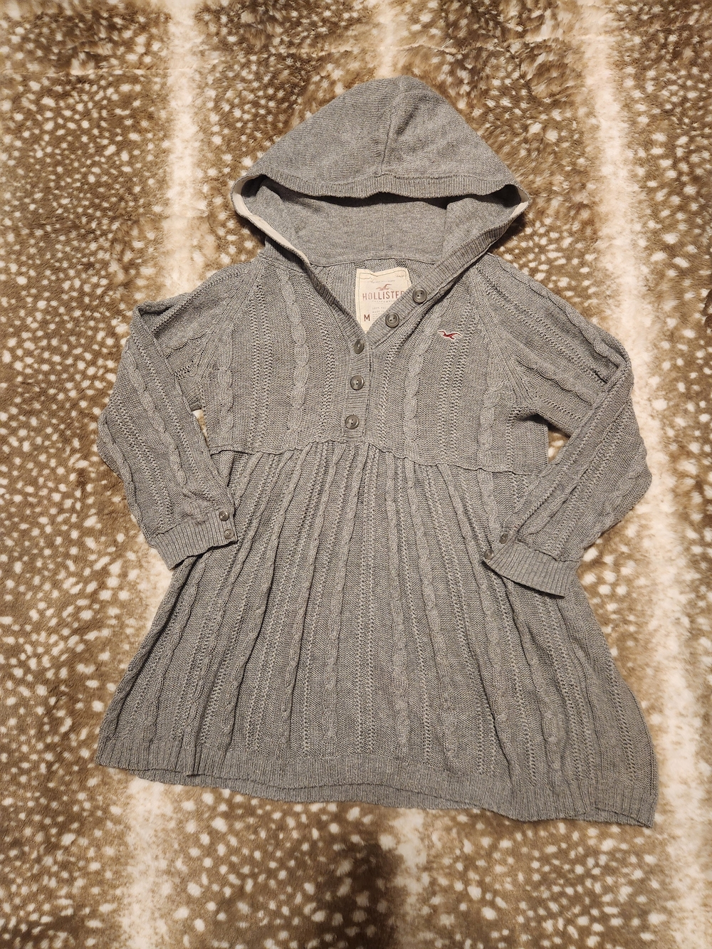 Hollister grey Hooded cable knit babydoll henley top Vintage Y2K